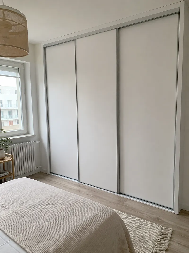 Przykład minimalistycznej szafy przesuwnej — inspiracja do wymiany frontów szafy na wymiar
