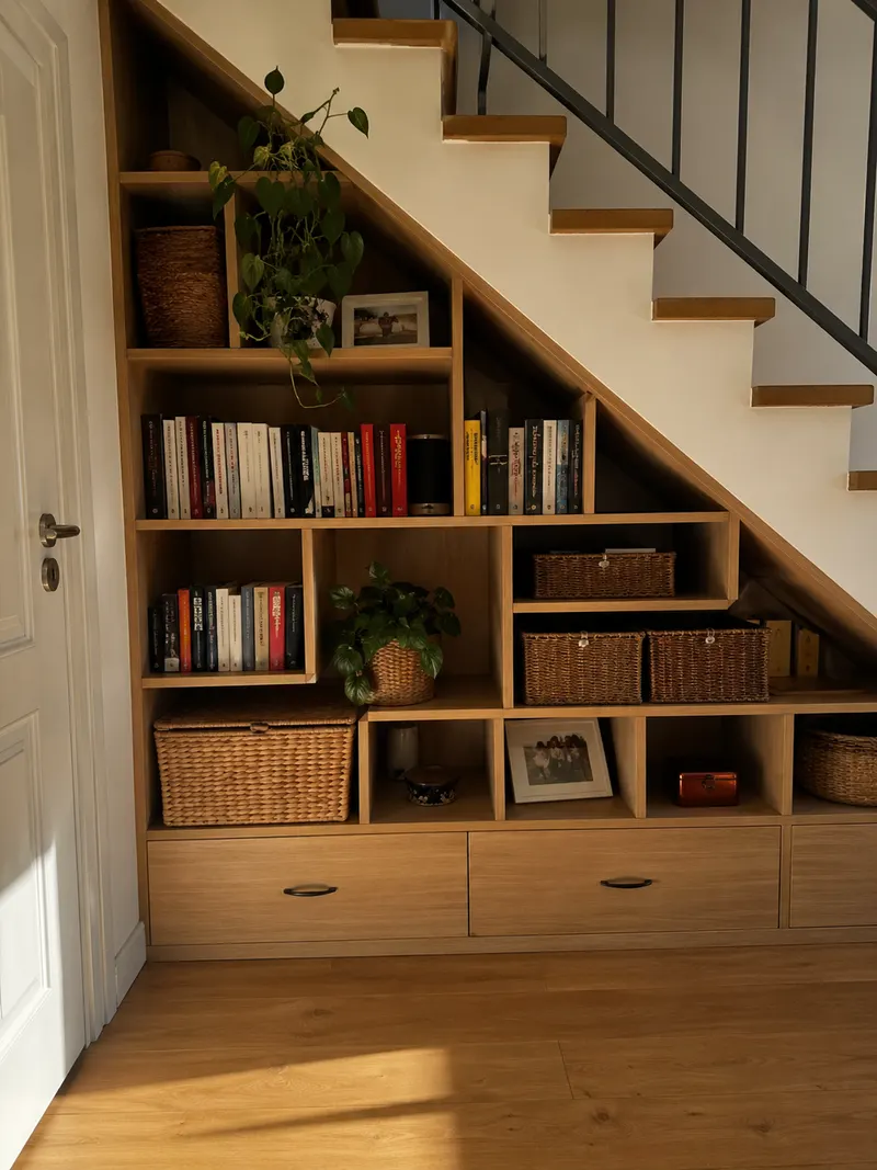 Zabudowa pod schodami polki szuflady — realizacja Wrocław